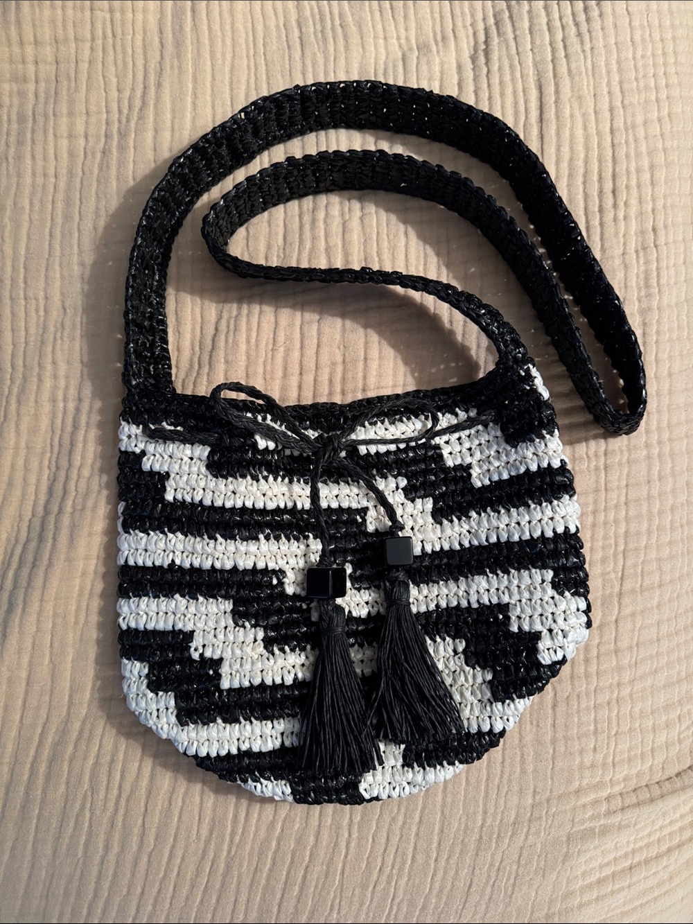 J. Crew Black & White Crochet Crossbody with Tassels
